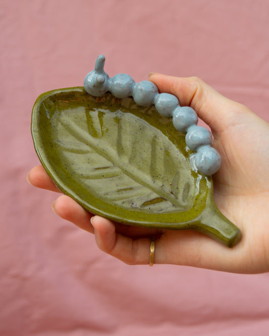 Olive + Light Blue Caterpillar Leaf Plate