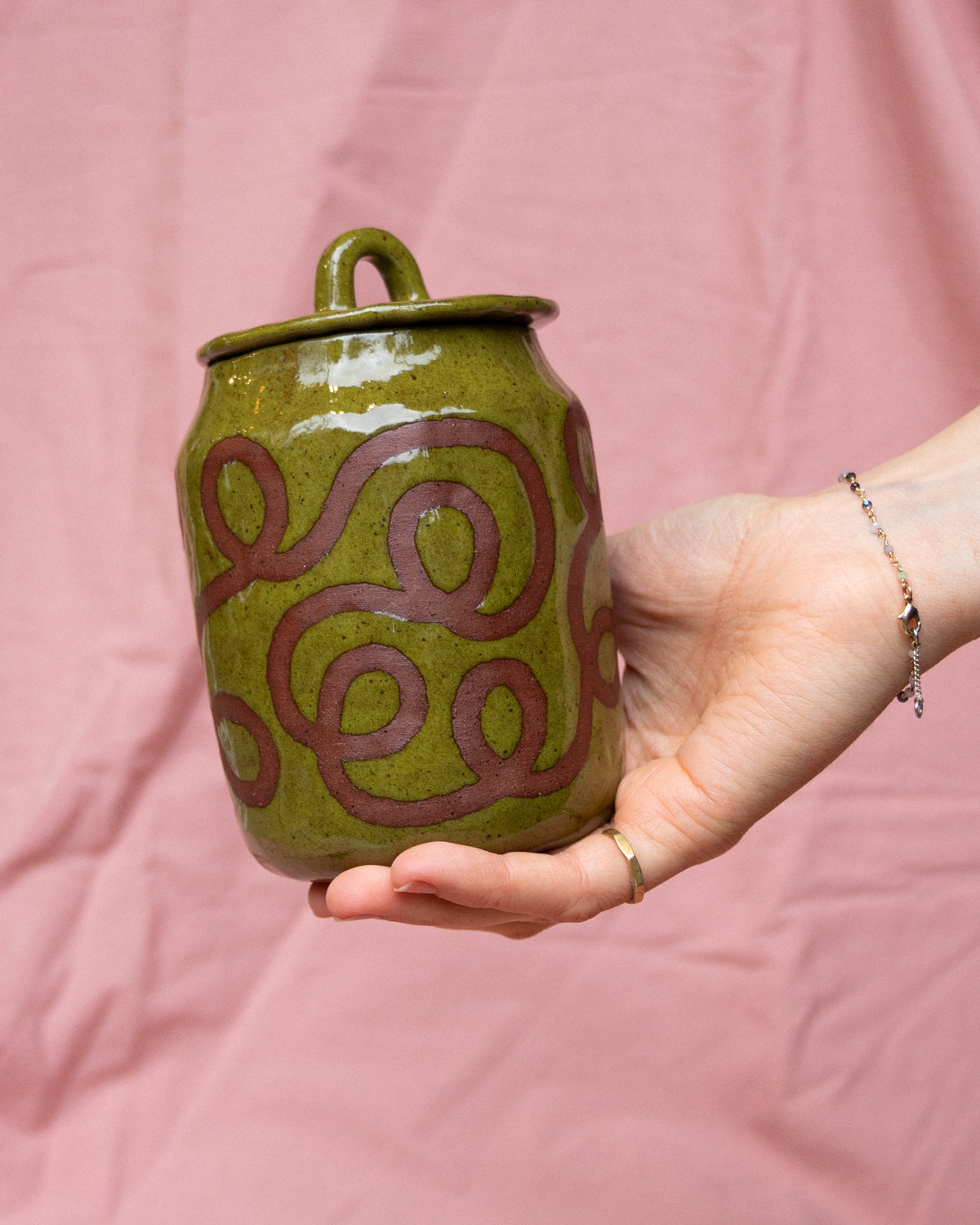 Olive Wiggly Lidded Jar