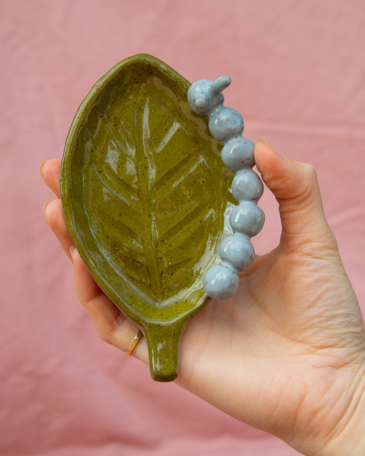Olive + Light Blue Caterpillar Leaf Plate