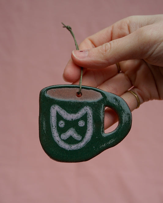 Dark Green Cat Face Mug Hanging Ornament