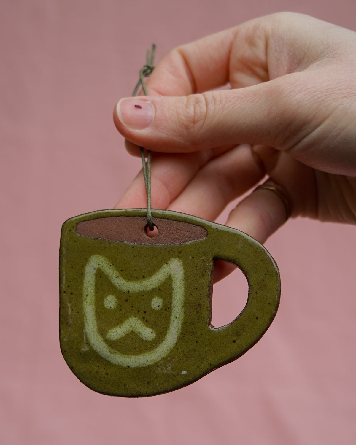 Olive Green Cat Face Mug Hanging Ornament