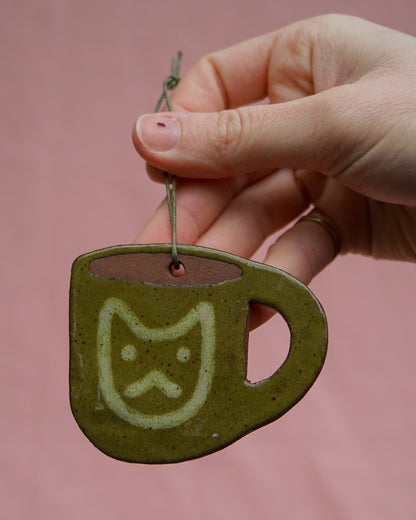 Olive Green Cat Face Mug Hanging Ornament