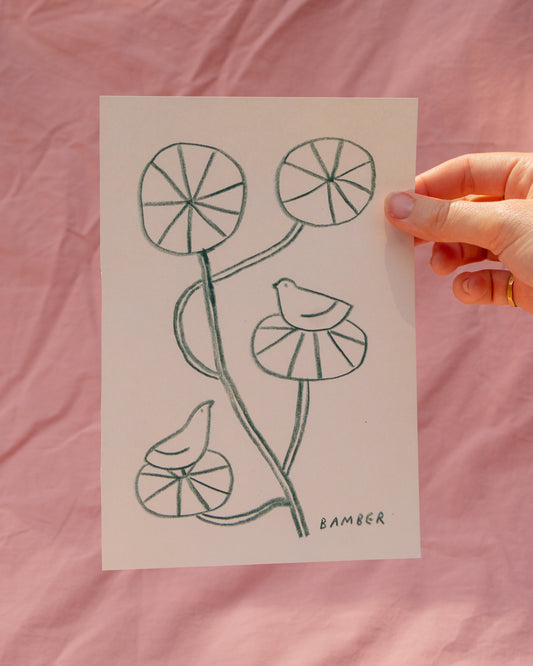 Two Birds on Nasturtium Leaves